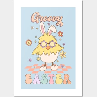 Groovy Easter Funny Chick with Bunny Ears Dancing on the floor Posters and Art